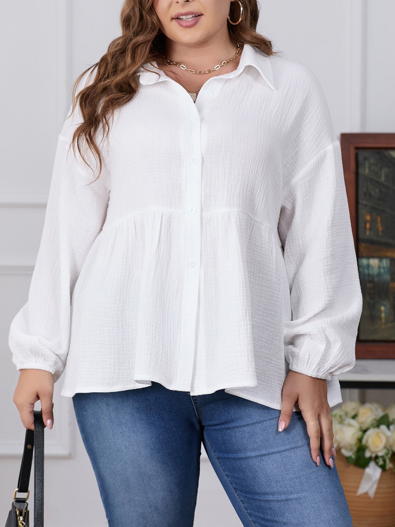 Plus Size Women's Tops Solid Color Fashion Career Long-Sleeved Shirt 3