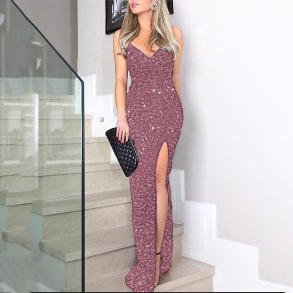 Summer Women's High Waist Sexy Fashion Straps Sequin Slit Dress 8