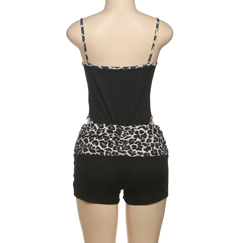 Spring Summer Women's sexy straps leopard print Tight Fitting bodysuit shorts set 8