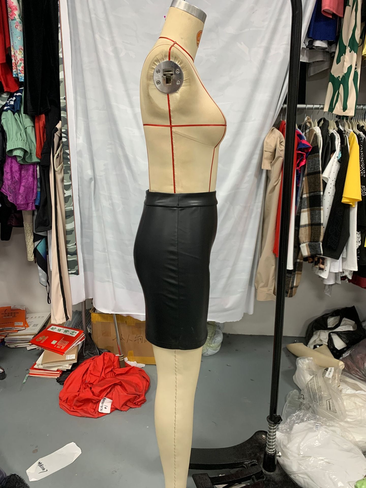 WomenLace Patchwork Bodycon Mid Waist Leather Skirt 9