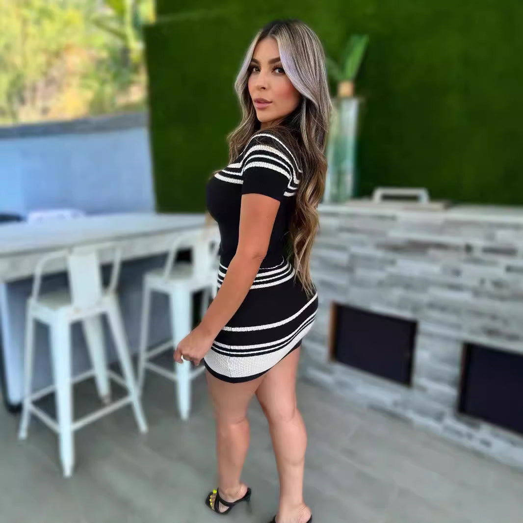 Women Striped Casual Sweater Dress Two-piece set