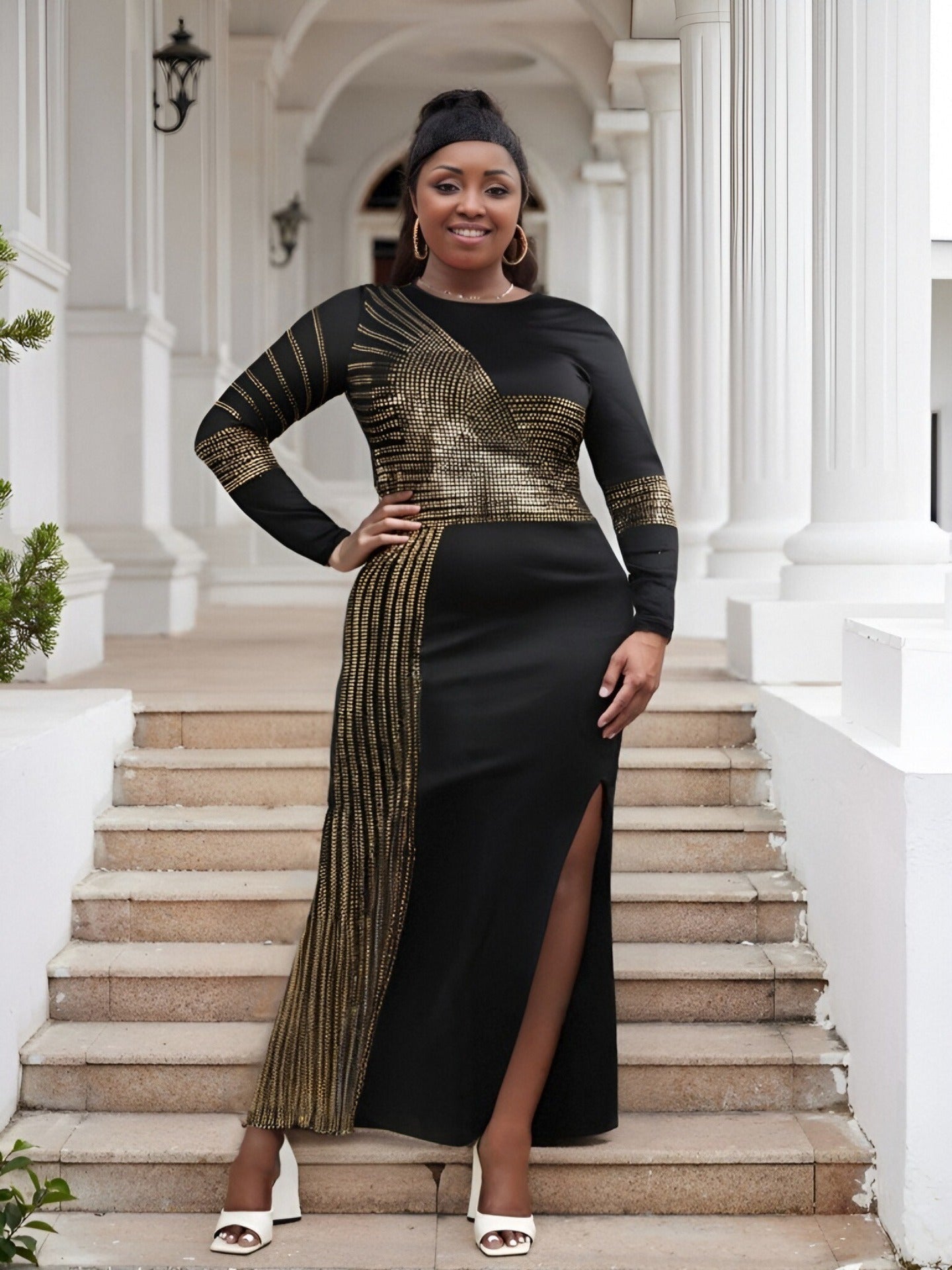 Sexy Long Sleeve Round Neck Beaded Split Dress Plus Size Women's Nightclubwear 8