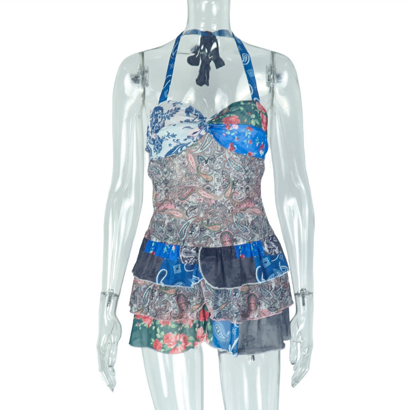 Women Printed Halter Neck Backless Ruffle Mini Dress 9