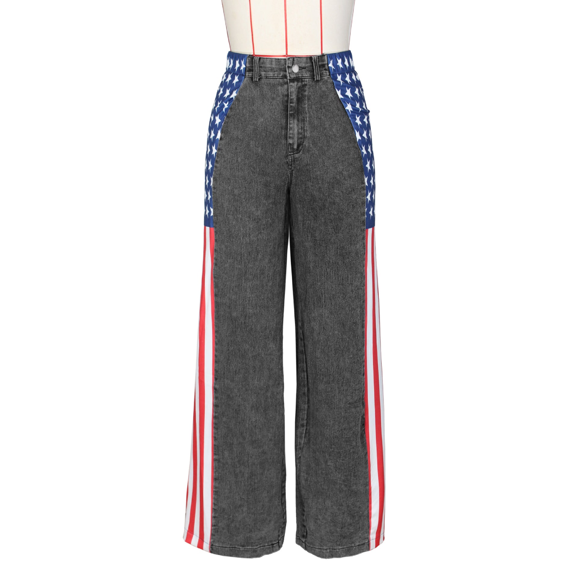Women American Flag Printed Elastic Wide Leg Denim Pants 14