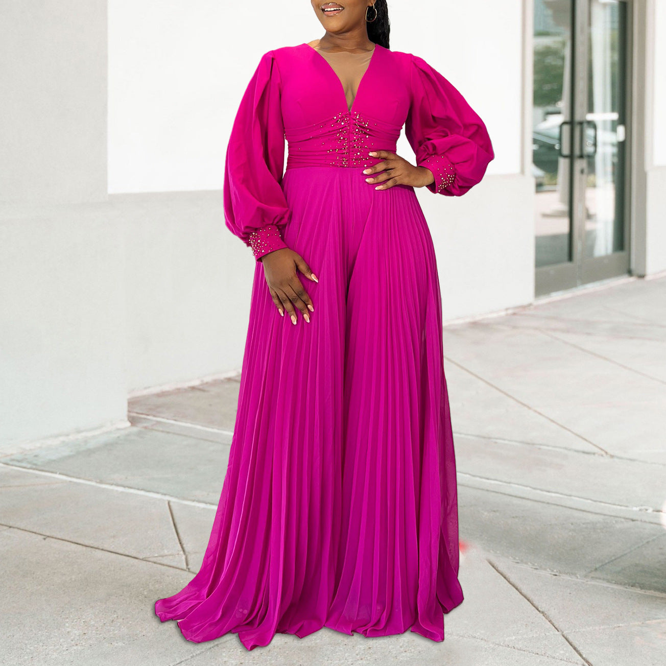 Plus Size Women's Autumn And Winter Long Sleeve Beaded Sexy Wide Leg Pleated Africa Jumpsuit 9