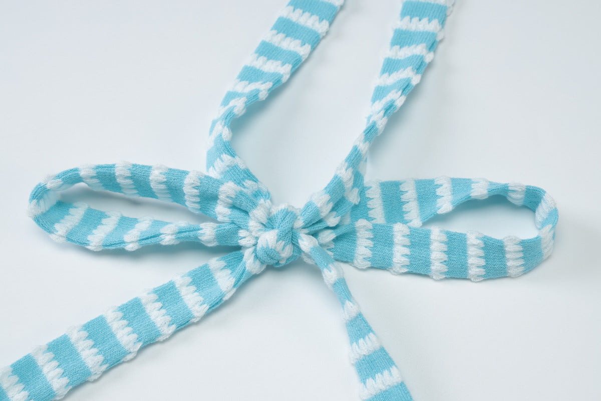 Women Summer Sexy Backless Lace-up Top Striped Shorts Two-Piece Set 14