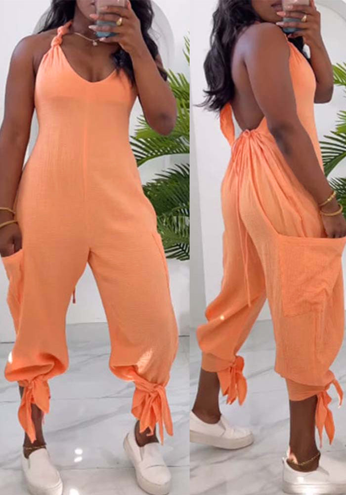 Women's Solid Color Casual Halter Neck Low Back Lace-Up Casual Pocket Jumpsuit