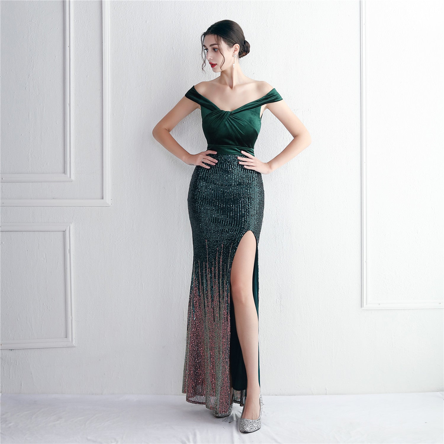Fleece Sequin Long Formal Party Slim Evening Dress 4