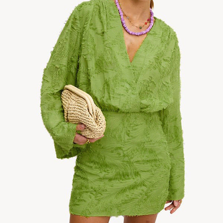 Spring And Autumn Solid Color Jacquard Long Sleeve V-Neck Loose Dress Women's Clothing 6