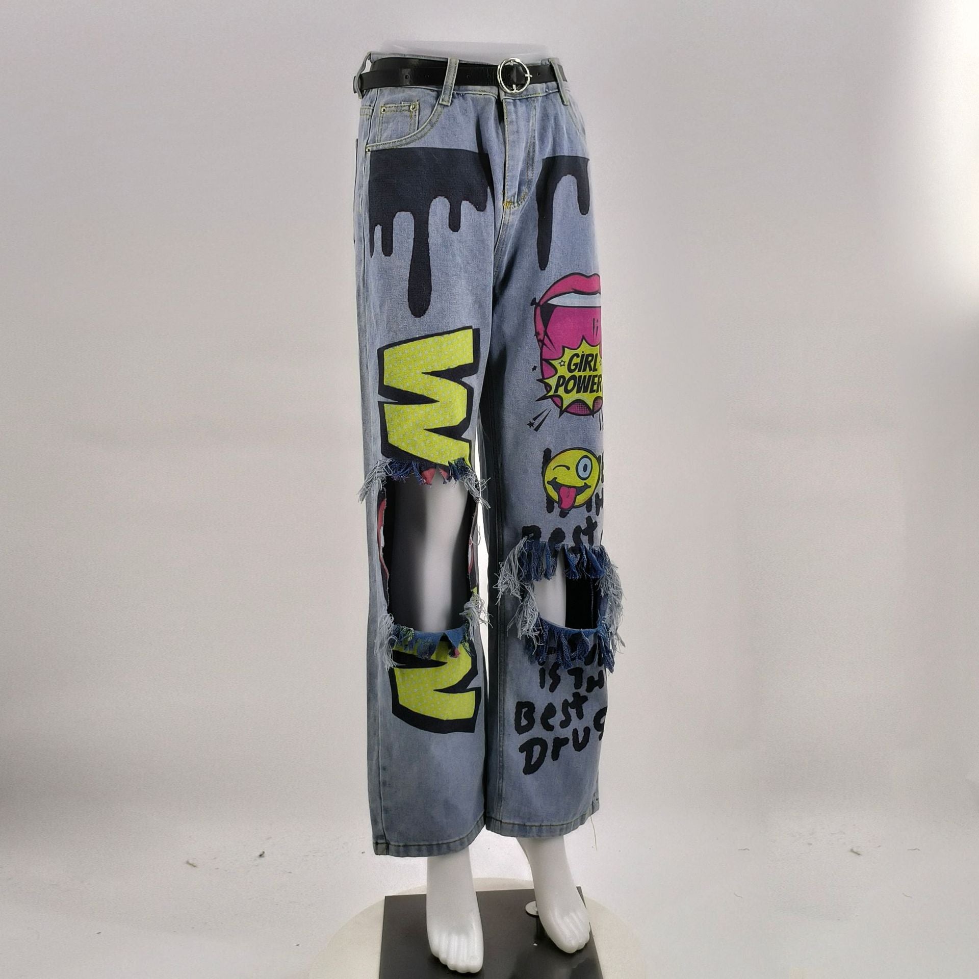 Women Ripped Print Crago Denim Pants 8