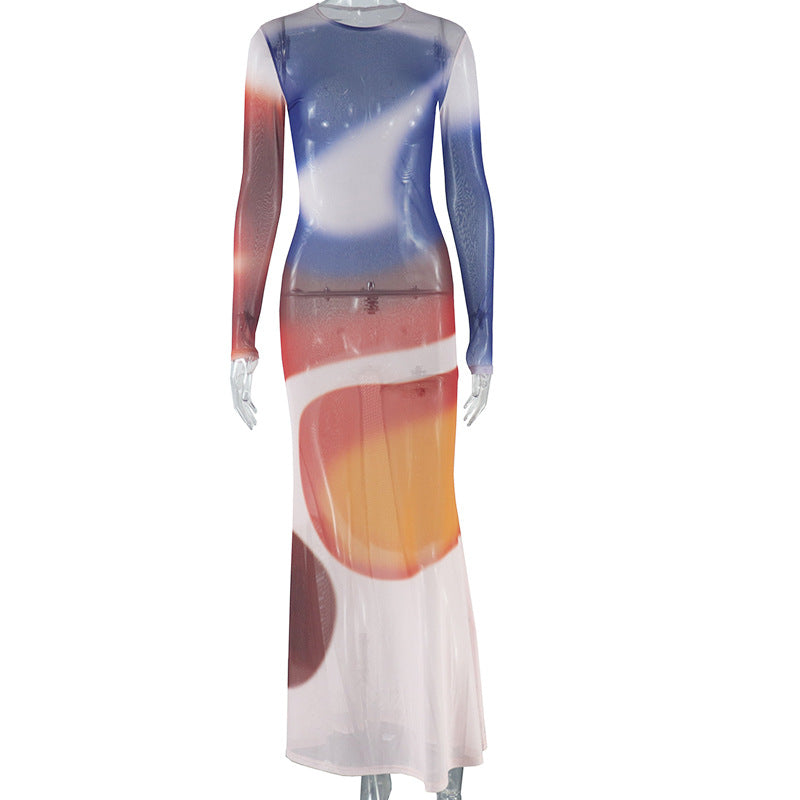 Women Printed Contrast Round Neck Long Sleeve Bodycon Dress 8