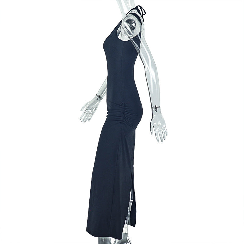 Women's Chic Elegant Halter-Neck Low-Back Solid Color Slit Maxi Dress 8