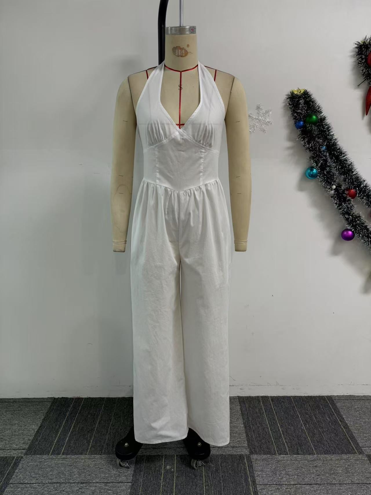 Elegant Halter Neck V-Neck Low-Back Solid Color Wide-Leg Jumpsuit 10