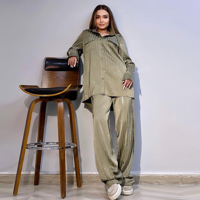 Women's Spring Fashion Loose Plus Size Printed Shirt Wide Leg Pants Casual Suit 4