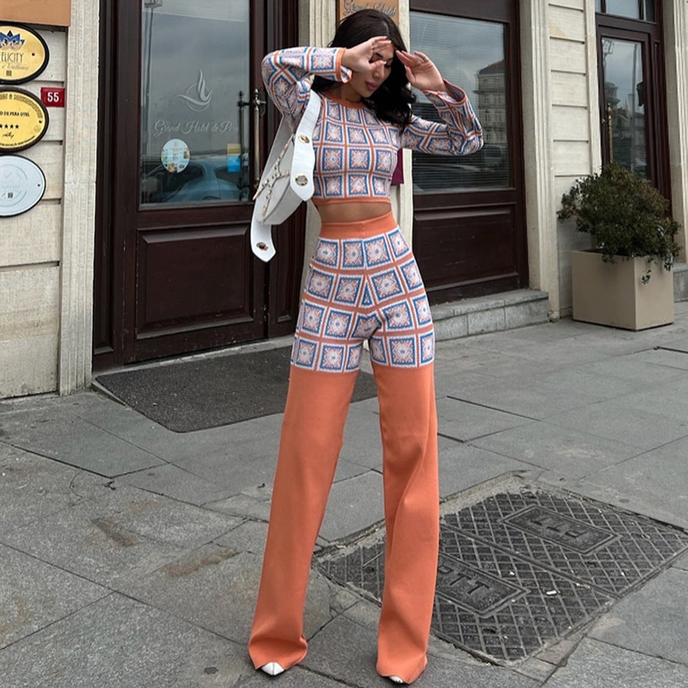 Women's Autumn Winter Printed Plaid Long Sleeve Short Top High Waist Straight Trousers Two Piece Set 7