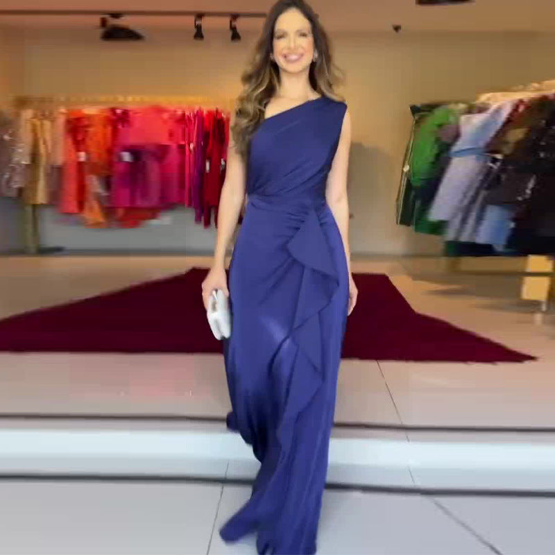 Summer Solid Color Fashion Slash Shoulder Slim Waist Chic Elegant Dress