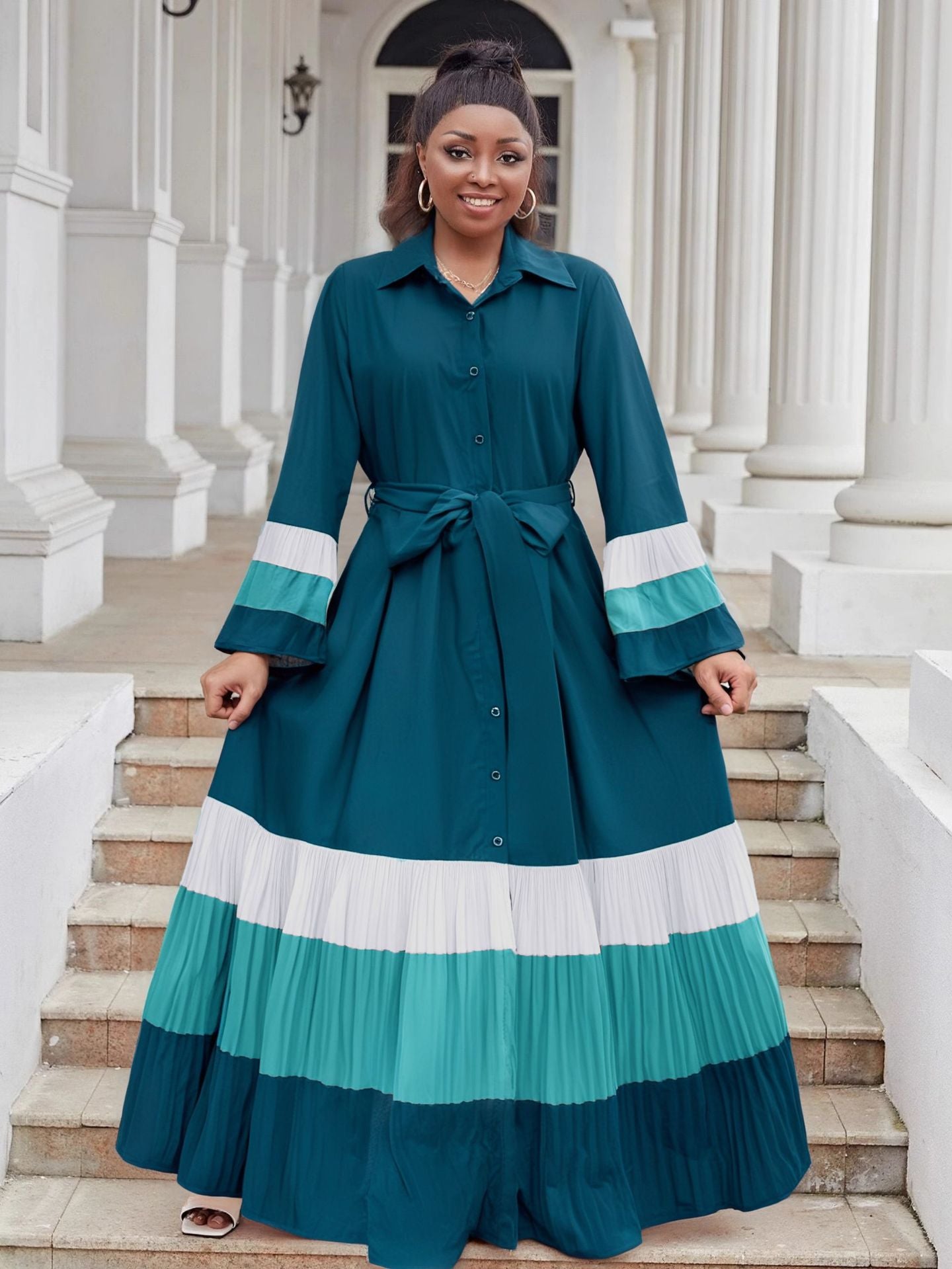 Plus Size Women color matching ruffled Bell Bottom sleeve Turndown Collar pleated chiffon dress 5