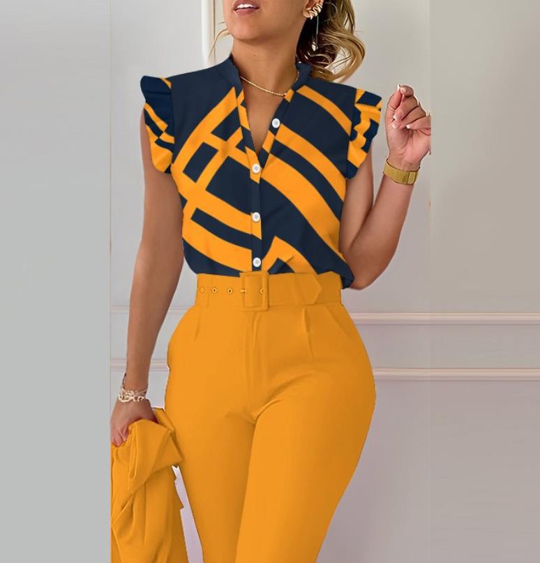 Women Summer V-Neck Button Butterfly Sleeve Printed Shirt 15