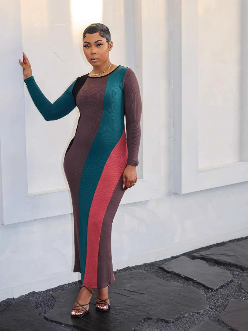 Women's Fashion Multi-Color Patchwork Long-Sleeved Ribbed Casual Dress 4