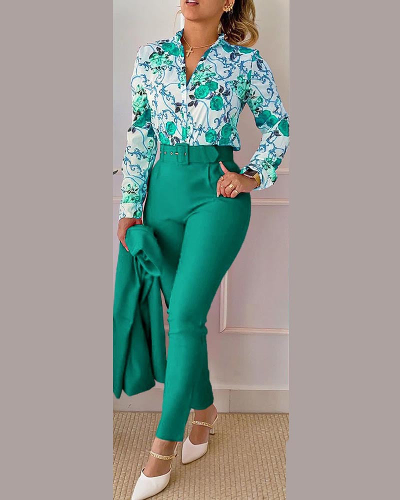 Women Long Sleeve Printed Shirt + Solid Pant Casual Two-Piece Set (No Jacket) 6