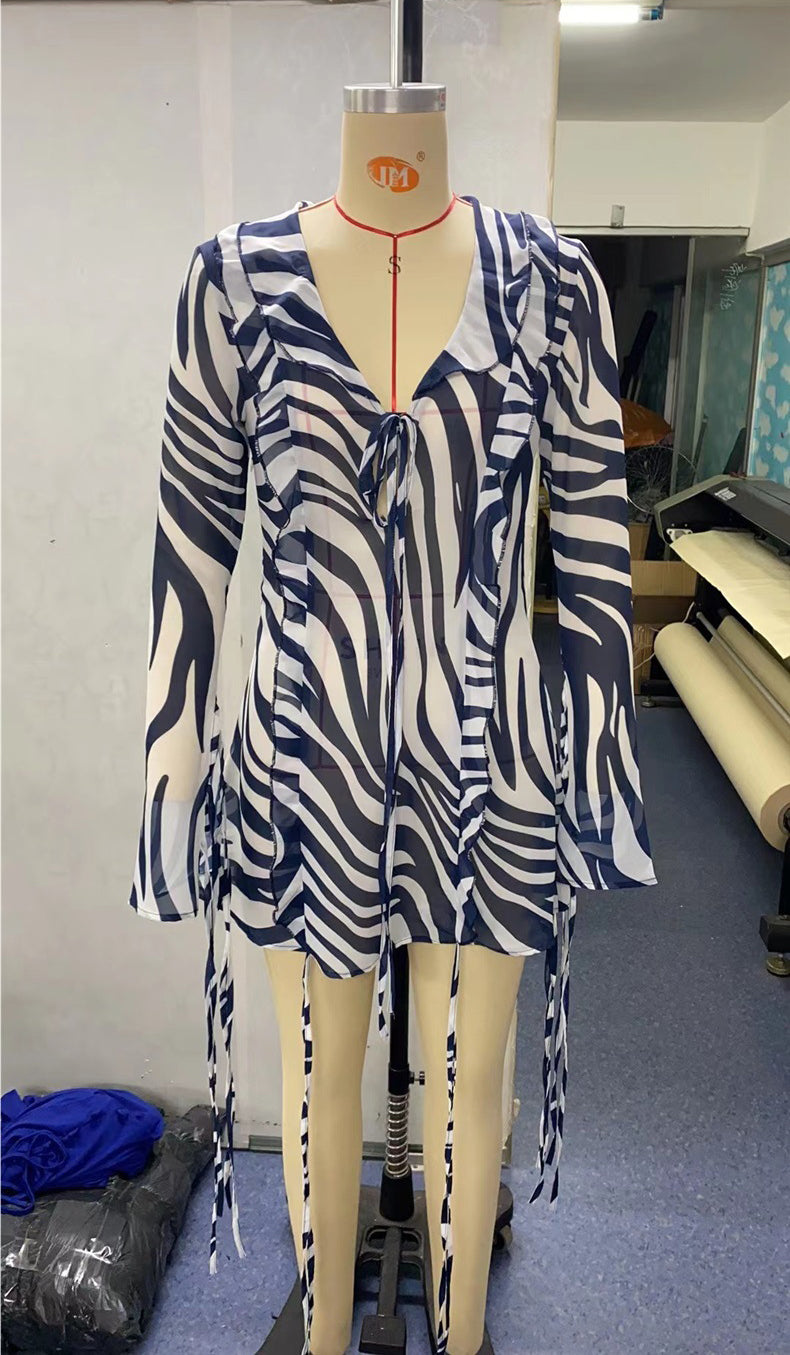 Women's Fall Winter Sexy V-Neck Long Sleeve Chic Stripe Lace-Up Dress 12