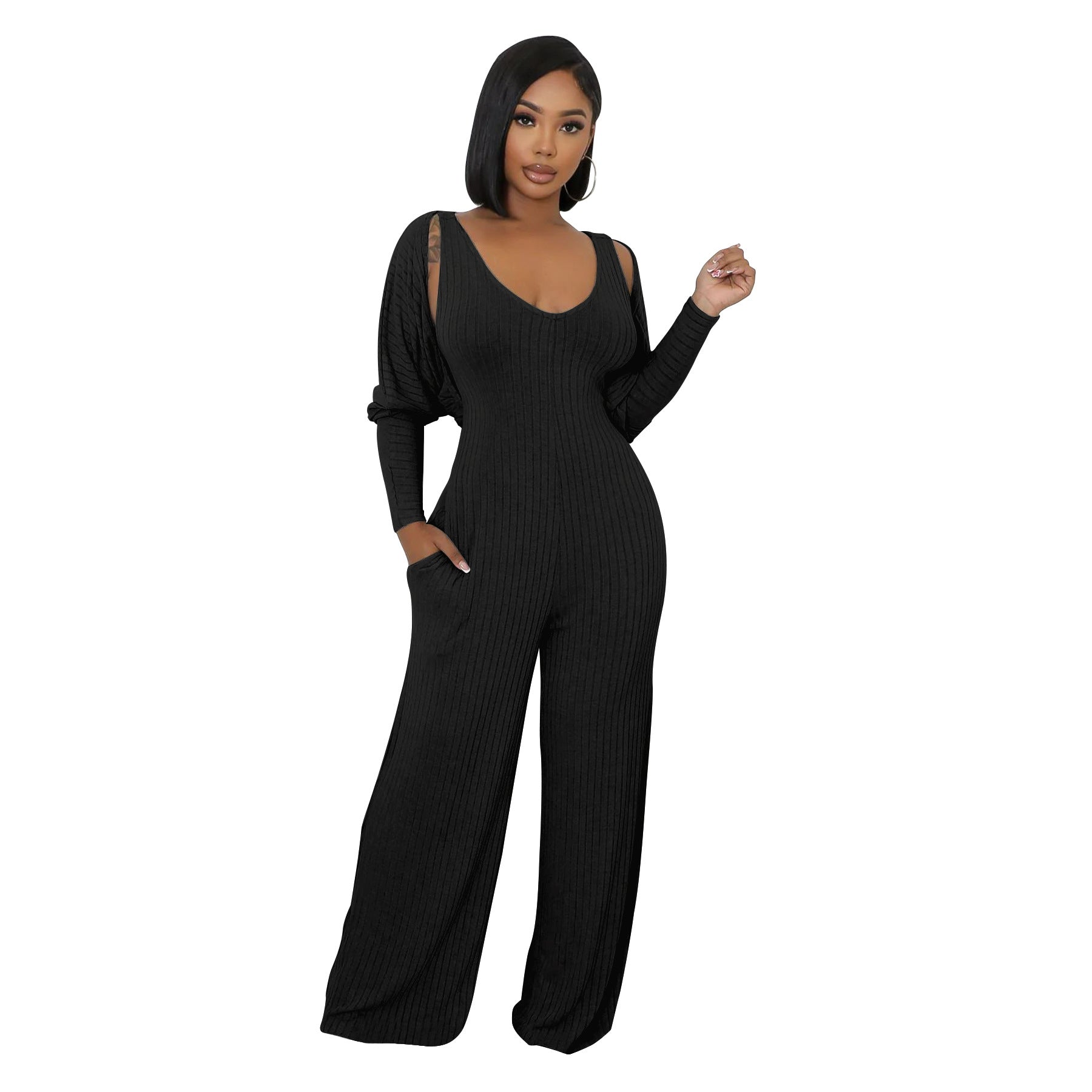 Women’s Fashion Ribbed High-Stretch Cape Top Sleeveless Jumpsuit Set 11