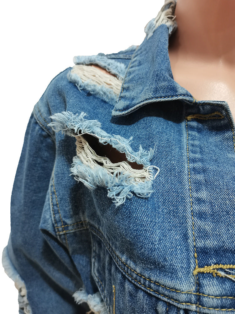 Women Irregular Denim Ripped Wash Casual Jacket 14