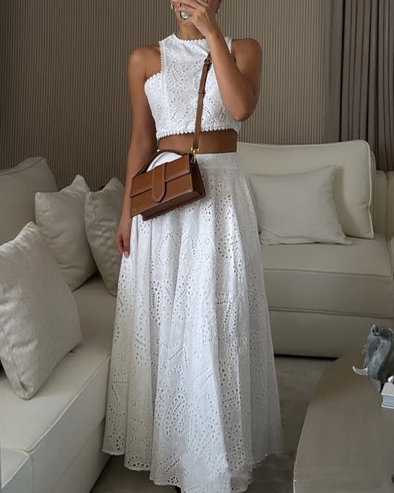 Women White Lace Sleeveless Crop Top and Skirt Two-Piece Set 4