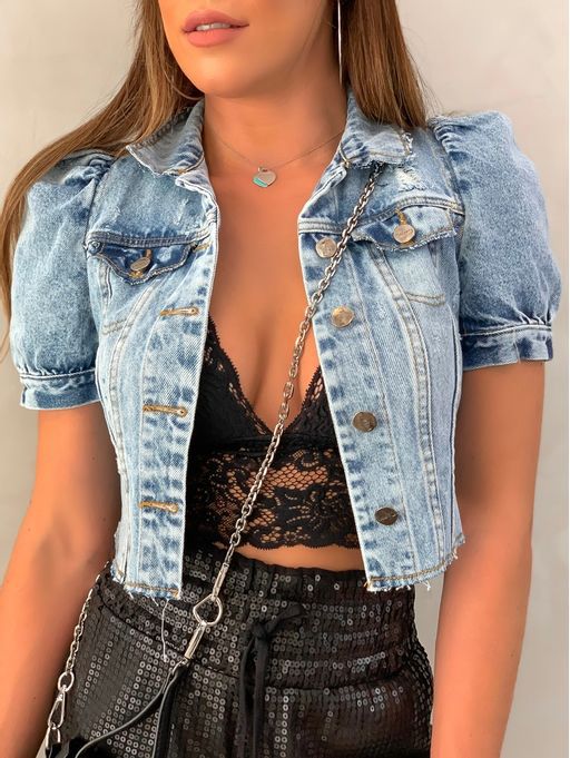 Rotten Vintage Ripped Puff Sleeve Crop Denim Jacket