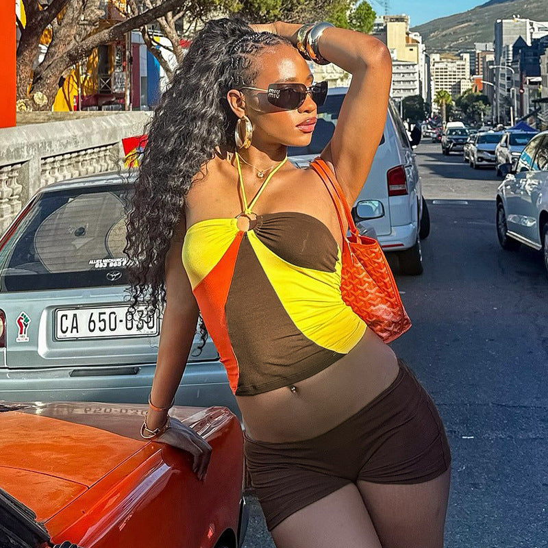 Spring Summer Women's Ring Halter Neck Multi-Color Low Back Vest Bodycon Holiday Shorts Two Piece Set 3