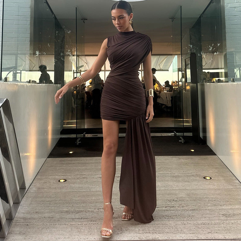 Women Pleated Lace-Up Solid High Neck Bodycon Mini Dress 5