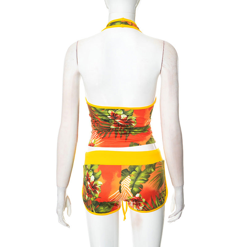Sexy Halter Neck Printed Contrast Two Piece Shorts Set 8
