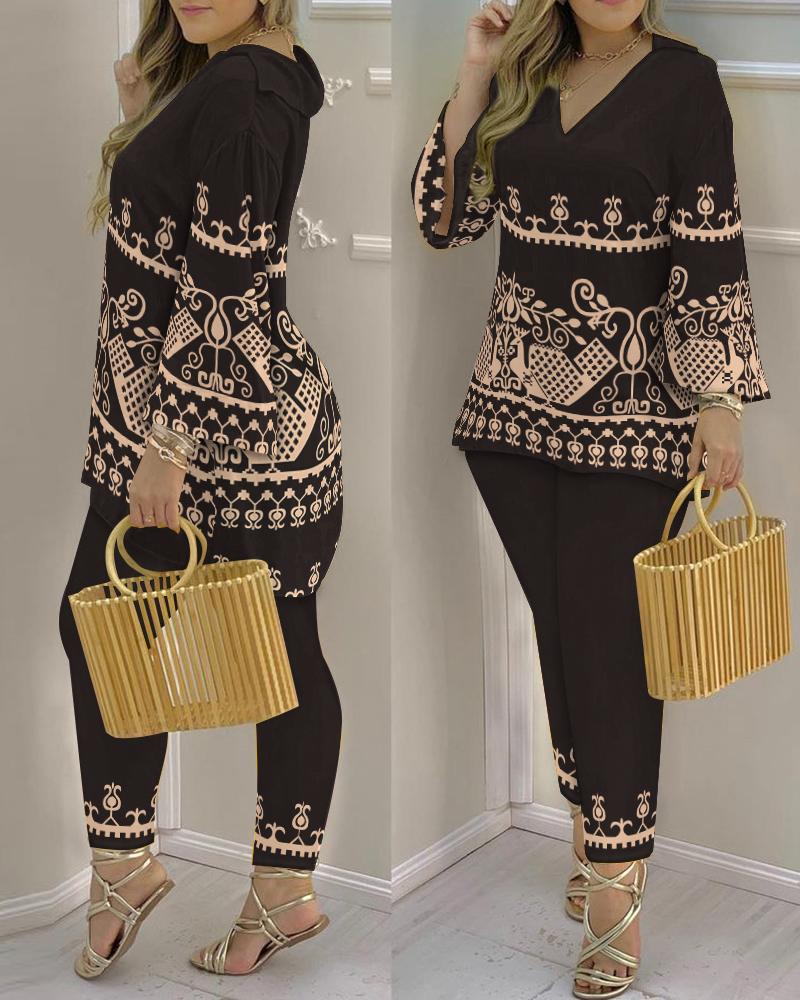 Spring Summer Print Fashion V-Neck Long Sleeve 2-Piece Pants Set 9