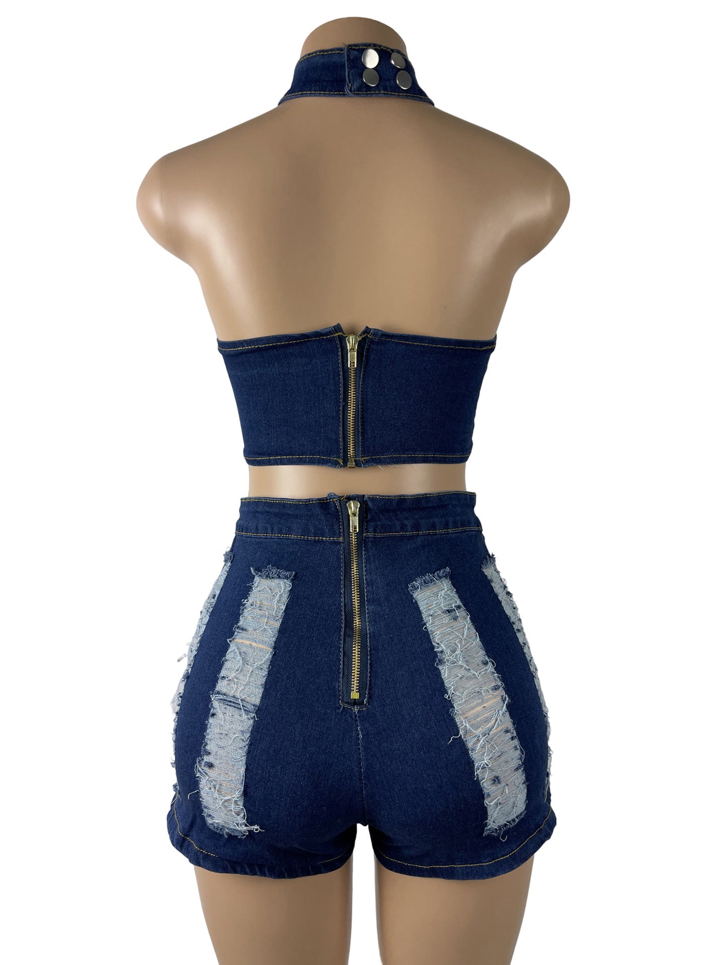 Women Stretch Ripped Strapless Denim Top and Denim Shorts Set of Two 17