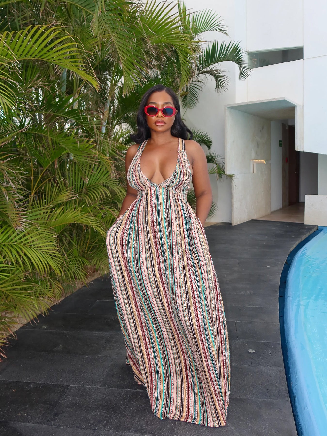 Women summer holidays stripe print lace-up open waist dress