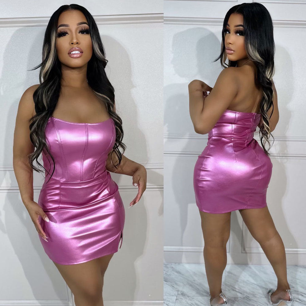 Shiny Solid Color Tube Dress 3