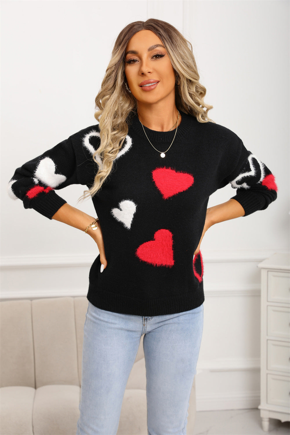 Spring Sweater Heart Print Valentine's Day Sweater Round Neck Knit Pullover Top 18