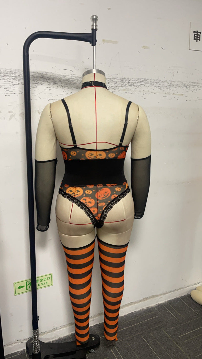 Women's Halloween Lingerie Temptation Sexy Lace Low Back Bodysuit Set 9