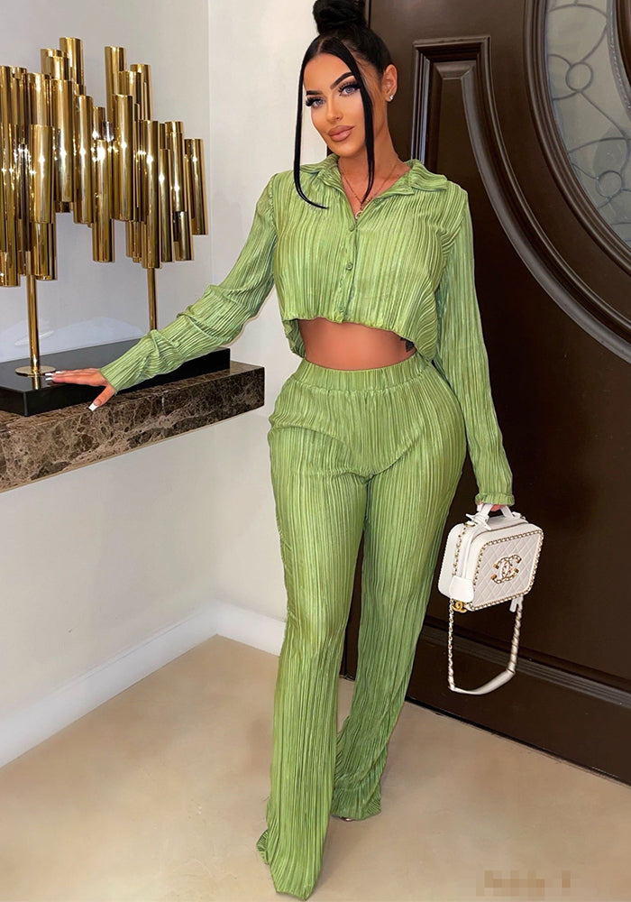 Sexy women's shiny shrunken solid color shirt suit