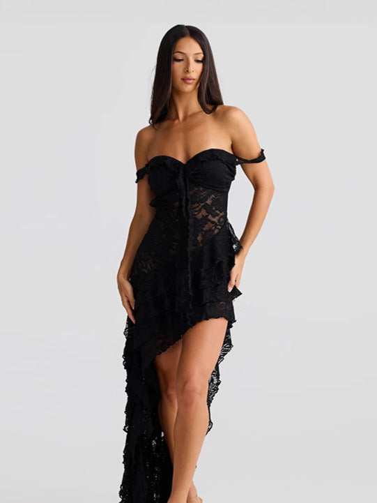 Summer Women's Sexy Lace See-Through Irregular Strapless Dress 6