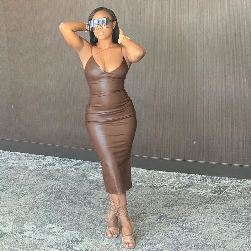 Women sexy Strap v-neck slit pu Leather Midi Dress 4