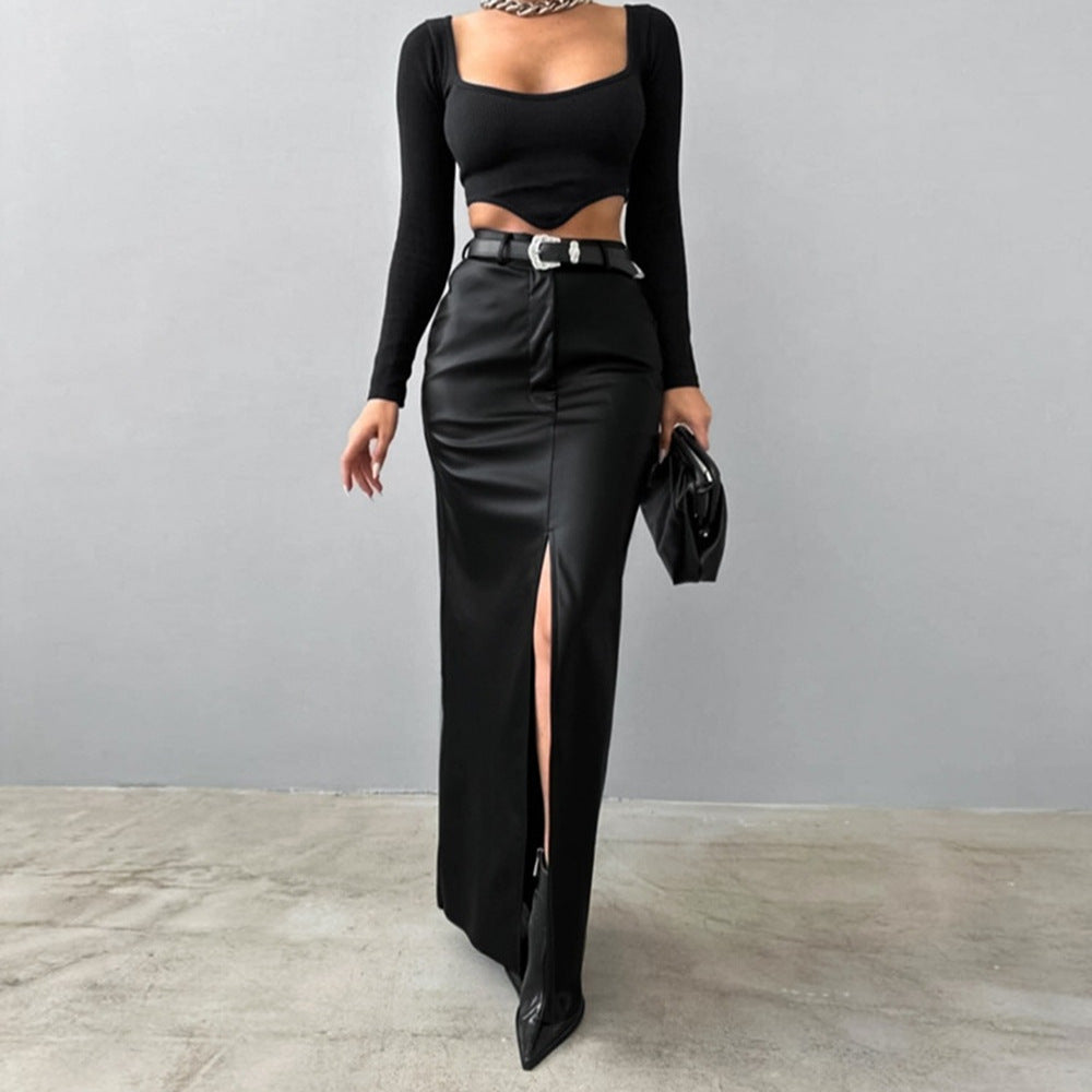 Women Slit Solid Pu-Leather Skirt 6