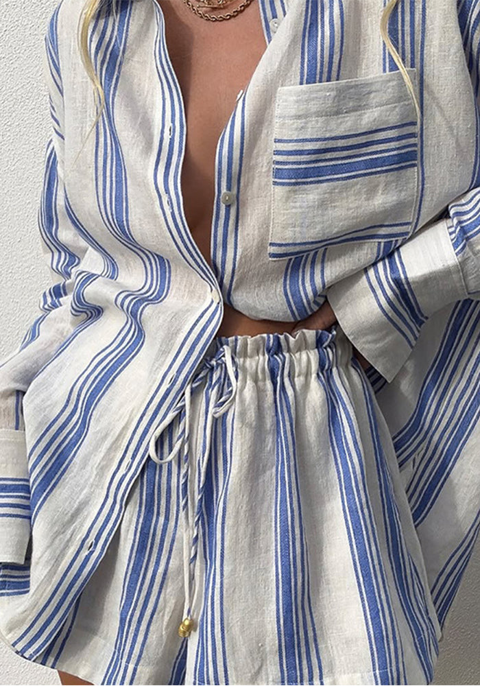 Women's Autumn Long Sleeve Shirt & Striped Shorts Casual Two-Piece Set