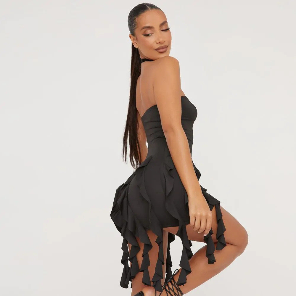 Women ribbon Strapless sexy Backless Bodycon ruffle dress 5