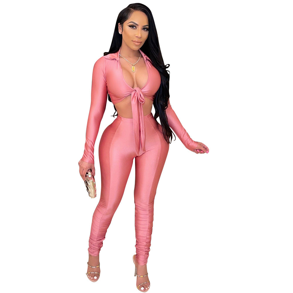 Fashion Casual Tight Fitting Two Piece Bow Long Sleeve Blouse Pants Two Piece Set 10