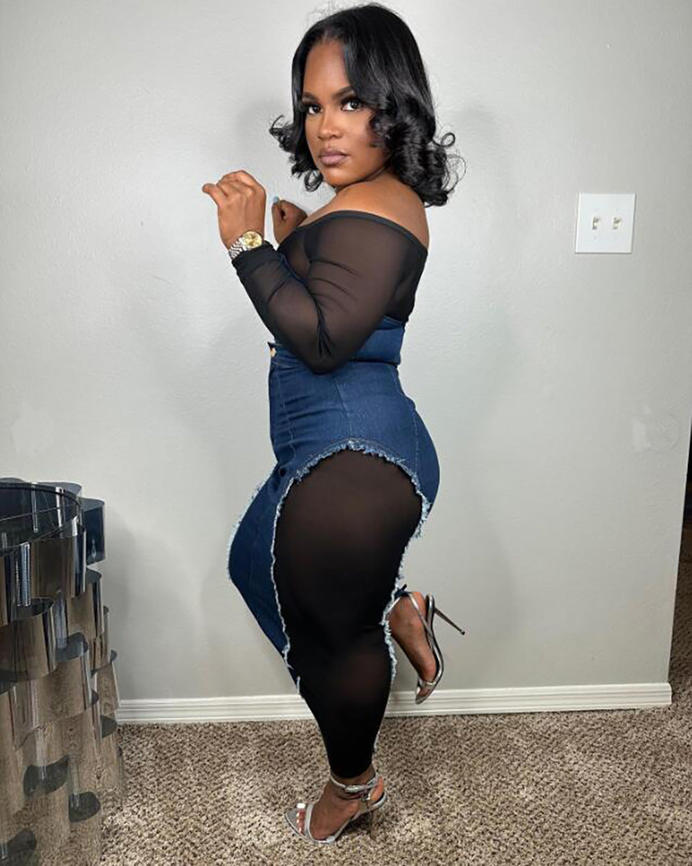Women's Autumn Sexy Mesh See-Through Top Denim Bodycon Skirt Suit
