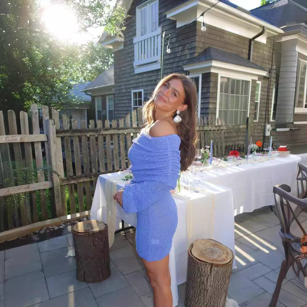 Sexy Knitting Off Shoulder Long Sleeve Short Dress 6