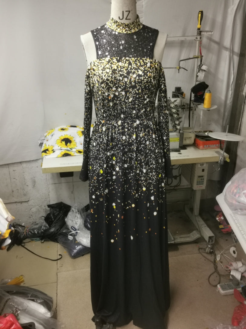 Women Gold Printed Long Sleeve High Neck Mesh Patchwork Slit Evening Dress 9