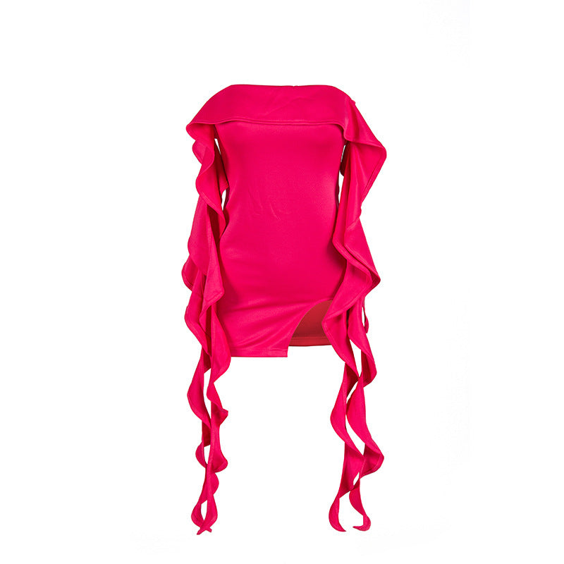 Women Summer Solid Sleeveless Off Shoulder Ruffle Edge Slit Dress 7