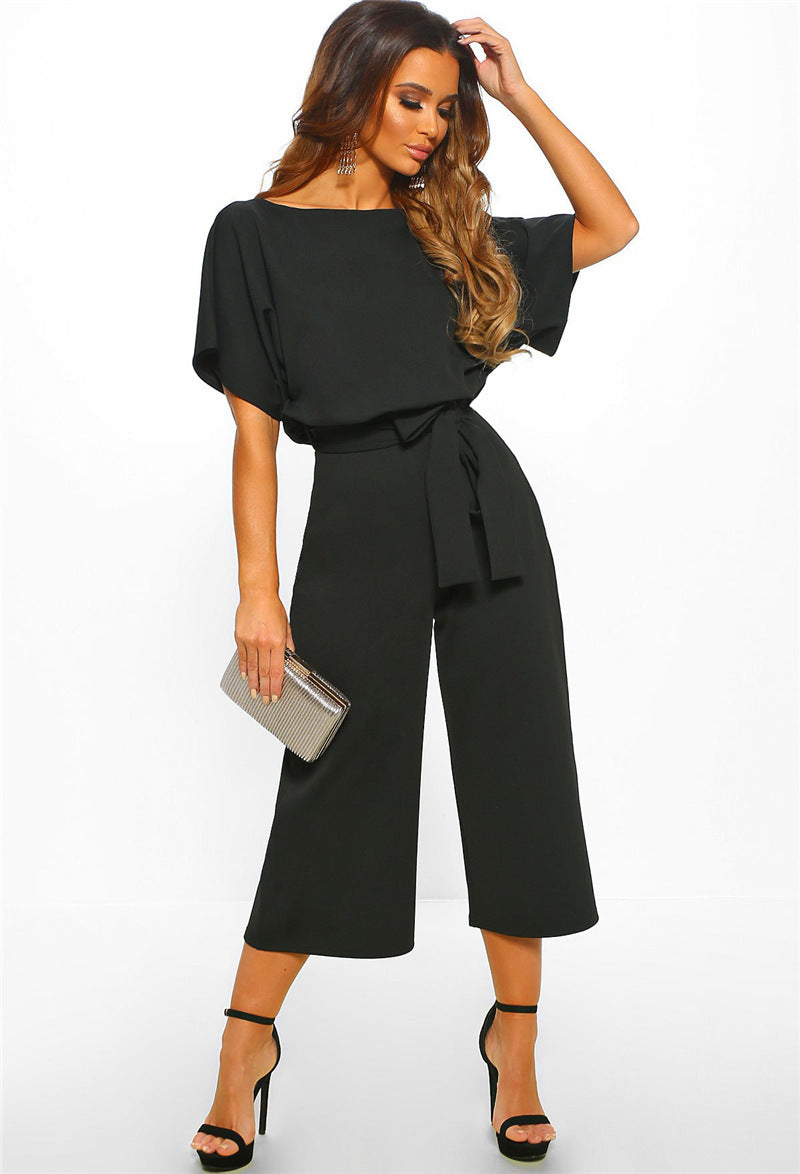 Women Summer Fashion with Belt Short Sleeve Jumpsuit